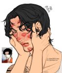  1boy beard_stubble black_hair blush brown_eyes closed_mouth facial_hair hand_on_another&#039;s_face highres lee31eexhao lee_eun-tae lipstick lipstick_mark lipstick_mark_on_face lookism makeup male_focus mustache_stubble photo-referenced short_hair shoulder_tattoo simple_background stubble tattoo too_many_lipstick_marks white_background 