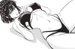  1girl absurdres artist_logo bikini bob_cut breasts choppy_bangs covered_nipples fubuki_(one-punch_man) hair_between_eyes highleg highleg_bikini highres large_breasts logo monochrome mostlybluewyatt navel one-punch_man shadow short_hair simple_background smile solo swept_bangs swimsuit underboob 