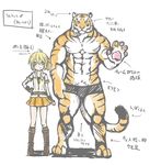  abs anthro biceps big_muscles blonde_hair chest_tuft clothing duo feline female fur giraffe_(artist) green_eyes hair human japanese_text male mammal muscles pecs text tiger translation_request tuft underwear 