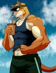  abs anthro biceps big_muscles blue_eyes clothing drink fur male mammal muscles pants pecs shirt solo tank_top tsukigata 