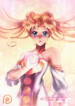  alexandra_mae banned_artist bishoujo_senshi_sailor_moon blonde_hair blue_eyes detached_sleeves double_bun dress earrings glowing jewelry long_hair multicolored multicolored_background orb princess_serenity solo strapless strapless_dress tsukino_usagi upper_body watermark web_address white_dress 