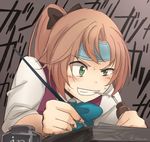  &gt;:) akigumo_(kantai_collection) blush bottle bow bowtie brown_hair clenched_teeth drawing drinking_straw green_eyes grin high_ponytail ido_(teketeke) ink_bottle kantai_collection ponytail school_uniform shirt smile solo sweat teeth twitter_username uneven_eyes v-shaped_eyebrows white_shirt 