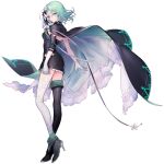  1girl arcaea asymmetrical_footwear black_boots black_dress boots cape dress flower frilled_cape full_body gloves green_eyes green_hair high_heel_boots high_heels highres looking_at_viewer non-web_source one_eye_covered parted_lips saya_(arcaea) saya_(awakened)_(arcaea) short_dress single_thigh_boot single_thighhigh sleeveless sleeveless_dress solo suzunashi thigh_boots thighhighs uneven_footwear white_flower white_gloves white_thighhighs zettai_ryouiki 