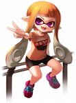  bike_shorts bowl domino_mask fangs inkling mask monster_girl nishizawa open_mouth orange_hair pointy_ears purple_eyes railing rice_bowl shirt shoes sitting_on_railing smile sneakers solo splatoon_(series) splatoon_1 t-shirt tentacle_hair v 