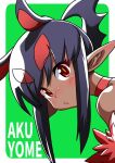  1girl akuyome blush border choker dark_skin fur_trim green_background horns looking_at_viewer matsuda_yuusuke pointy_ears red_choker red_eyes simple_background solo white_border wings yome_(akuyome) 