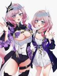 2girls absurdres black_shorts blue_eyes breasts cleavage color_connection commentary_request company_connection corset cyrene_(honkai:_star_rail) dress elysia_(honkai_impact) elysia_(miss_pink_elf)_(honkai_impact) hair_color_connection hair_ornament highres honkai:_star_rail honkai_(series) honkai_impact_3rd inoue_marina komay_(okomay05me) large_breasts long_hair looking_at_viewer medium_hair multicolored_hair multiple_girls open_mouth pink_hair short_shorts shorts simple_background small_breasts smile solo thighs two-tone_hair voice_actor_connection white_background white_corset white_dress white_hair yanning 