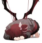  1girl ahoge black_skirt black_sleeve_cuffs black_wings blood bow drill_hair full_body grey_jacket grey_skirt gwaeng-i-bap_(oxalis_2ho) hair_bow jacket kasane_teto kasane_teto_(sv) layered_skirt long_sleeves musical_staff musical_staff_print prostration red_hair red_skirt shadow shoulder_boards skirt skirt_set solo striped_clothes striped_jacket striped_skirt synthesizer_v twin_drills utau white_background wings 