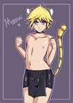  2014 animal_ears argrim blonde_hair blue_eyes bulge cat clothed clothing collar feline front_view girly hair half-dressed humanoid loincloth looking_at_viewer male mammal nipples slit_pupils smile solo standing topless 