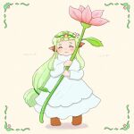  1girl animal_ears blush boots closed_eyes closed_mouth dress fantasy_life fantasy_life_i:_the_girl_who_steals_time fantasy_life_online flower green_hair hair_flower hair_ornament highres holding jewelry leilah_(fantasy_life) long_bangs long_hair long_sleeves smile solo standing sumumu translation_request white_dress 
