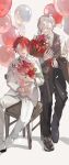  2boys ^_^ absurdres black_pants black_vest bouquet breast_pocket chair closed_eyes collared_shirt commentary_request earrings flower_wrapper grey_hair grey_shirt hair_between_eyes highres holding holding_bouquet holding_jacket holding_unworn_clothes idolish7 jacket jewelry kujou_tenn long_sleeves male_focus multiple_boys mya_x_x nanase_riku necktie open_mouth pants parted_lips pocket red_hair red_necktie shirt short_hair sitting smile standing suit suit_jacket unworn_jacket vest waistcoat white_background white_jacket white_pants white_suit wooden_chair 