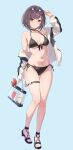  1girl adjusting_eyewear arm_at_side arm_up ass_visible_through_thighs bag bare_shoulders bikini black_bikini black_choker blue_background blush breasts breasts_apart brown_eyes brown_hair choker cleavage closed_mouth collarbone commentary_request corrupted_twitter_file eyewear_on_head feet frilled_choker frills front-tie_bikini_top front-tie_top full_body groin halterneck hand_on_eyewear hand_up heart heart-shaped_eyewear heart_o-ring high_heels highres holding holding_bag jacket legs long_sleeves looking_at_viewer loulis_0115 medium_breasts navel o-ring o-ring_footwear o-ring_thigh_strap off_shoulder open_clothes open_jacket project_sekai sandals shinonome_ena short_hair side-tie_bikini_bottom sidelocks simple_background skindentation sleeves_past_fingers sleeves_past_wrists smile solo standing stomach strappy_heels string_bikini sunglasses swimsuit thigh_gap thigh_strap thighs toenails toes white_jacket 