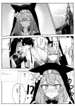  !? 1boy 1girl absurdres animal_ears bent_over blue_archive blush cat_ears cat_girl closed_eyes dress flower greyscale hat hat_flower highres jacket long_hair mari_(blue_archive) monochrome nun open_mouth own_hands_clasped own_hands_together sakana_(whhy8883) sensei_(blue_archive) shirt short_hair sweat veil 