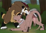  balls bared_teeth black_nose blackjack_(piercingnightfall) brown_body brown_fur dasyuromorph duo eyes_closed feral feral_on_feral feral_penetrated feral_penetrating feral_penetrating_feral forked_penis fur genitals hi_res killthe_demon male male/male male_penetrated male_penetrating male_penetrating_male mammal marsupial oral oral_penetration outside penetration penis penis_in_mouth pink_nose pink_penis plant recently_extinct_species sex shrub tan_balls tan_body tan_fur thylacine thylus tree 