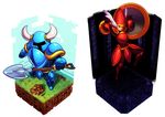  1boy 1girl armor character_name collage full_armor helmet horned_helmet isometric koi_drake shield_knight shovel shovel_knight shovel_knight_(character) simple_background worktool 