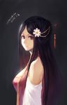  2015 absurdres artist_name black_hair breasts detached_sleeves flower hair_flower hair_ornament highres long_hair medium_breasts original parted_lips profile purple_eyes solo warmhouse 