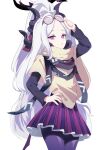  1girl absurdres adjusting_eyewear alternate_costume alternate_hairstyle black_shirt blue_archive demon_girl demon_horns demon_wings eyewear_on_head glasses hand_on_own_hip high_ponytail highres hina_(blue_archive) horns long_hair long_sleeves looking_at_viewer pantyhose parted_lips ponytail purple_eyes purple_pantyhose purple_skirt shirt shirt_under_shirt short_sleeves skirt solo teritama_(teritama_house) white_hair wings yellow_shirt 