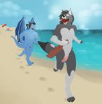  2015 anthro balls beach canine dragon duo fur hair horn long_hair male male/male malk mammal mastercrumbles nude open_mouth outside penis scalie scar seaside spikes wings wolf zeussunspot 