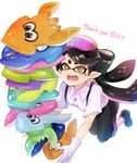  alternate_costume animal aori_(splatoon) bad_id bad_twitter_id black_hair black_pants blush domino_mask dress_shirt fangs food food_on_head gloves hair_rings hat inkling konomoto_(knmtzzz) long_hair mask monster_girl object_on_head open_mouth pants shirt splatoon_(series) splatoon_1 squid star sushi suspenders sweatdrop tentacle_hair thank_you white_gloves yellow_eyes 