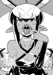  1girl akuyome arm_warmers bare_shoulders blush choker dark_skin fur_trim greyscale highres horns matsuda_yuusuke monochrome open_mouth pointy_ears sharp_teeth sweatdrop tail teeth tongue white_choker wings yome_(akuyome) 