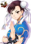  bracelet brown_eyes brown_hair bun_cover china_dress chinese_clothes chun-li clenched_hand double_bun dress earrings eyeliner fighting_stance jewelry looking_at_viewer makeup short_hair solo spiked_bracelet spikes street_fighter street_fighter_v takejun 