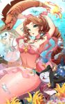  1girl aerith_gainsborough bra breasts brown_hair cleavage drill_hair final_fantasy final_fantasy_vii green_eyes hair_ribbon highres long_hair medium_breasts mermaid mirror monster_girl navel pink_bra pink_ribbon red_xiii ribbon roisin solo_focus underwater underwear 