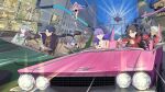  2boys 5girls absurdres all_fours archer_(fate) artoria_pendragon_(fate) bandaged_hand bandages bench bicycle biker_clothes bikesuit blade_(honkai:_star_rail) blonde_hair bodysuit brown_hair car car_seat closed_eyes closed_mouth coat commentary_request crossover dark-skinned_male dark_skin dress driving eyewear_on_head fate_(series) firefly_(honkai:_star_rail) firefly_(spring_missive)_(honkai:_star_rail) fisheye floating_hair gloves grey_hair hair_over_one_eye hairband highres honkai:_star_rail honkai_(series) humanoid_robot long_hair long_sleeves looking_at_another low_ponytail matou_sakura matou_sakura_(fate/extra) medusa_(fate) midair motor_vehicle multiple_boys multiple_girls official_alternate_costume on_bench open_mouth pink_hair ponytail purple_hair riding riding_bicycle robot running saber_(fate) seatbelt short_hair silver_wolf_(honkai:_star_rail) single_glove sitting stage_lights steering_wheel sunglasses svarog_(honkai:_star_rail) sweater syatey tohsaka_rin very_long_hair 