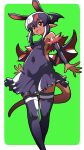  1girl akuyome arm_warmers bare_shoulders blush border choker dark_skin fang frills fur_trim green_background highres horns looking_at_viewer matsuda_yuusuke open_mouth pointy_ears red_choker red_eyes simple_background solo tail thighhighs white_border wings yome_(akuyome) 