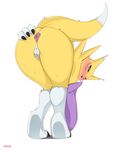  2015 anthro anus black_nose black_sclera blue_eyes blush butt canine claws clothing deeezel digimon female fox fur mammal nude paws presenting presenting_hindquarters pubes puffy_anus pussy renamon solo thick_thighs wet white_fur wide_hips yellow_fur 
