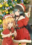  2girls anime_coloring antlers black_hair blonde_hair breasts capelet carmilla_(yami_healer) christmas christmas_ornaments christmas_tree closed_mouth cowboy_shot cup dress elf fake_antlers fur-trimmed_capelet fur-trimmed_dress fur-trimmed_headwear fur_trim hat holding holding_cup horns isshun_de_chiryou_shiteita_noni_yakutatazu_to_tsuihou_sareta_tensai_chiyushi_yami_healer_toshite_tanoshiku_ikiru lily_(yami_healer) long_hair long_pointy_ears long_sidelocks long_sleeves looking_at_viewer makaria merry_christmas multiple_girls official_art open_mouth pointy_ears red_capelet reindeer_antlers santa_costume santa_dress santa_hat sidelocks smile standing teeth tsurime v yellow_eyes 