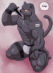  abs anthro bed biceps big_muscles black_fur clothing feline fur leopard male mammal muscles necktie nipples pecs solo sword tongue tsukigata underwear weapon wristband yellow_eyes 