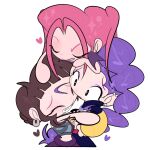  3girls black_hair chibi closed_eyes deformed ear_piercing earrings group_hug hashtag-only_commentary highres hug jewelry jjamdal kpop_demon_hunters mira_(kpop_demon_hunters) multiple_girls piercing pink_hair purple_hair rumi_(kpop_demon_hunters) white_background zoey_(kpop_demon_hunters) 