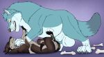  ambiguous_feral ambiguous_gender animal_genitalia balls bared_teeth belly big_balls big_belly black_nose blue_balls blue_body blue_fur blue_sheath bone brown_body brown_fur canid canine duo eye_contact fangs feral fortis_(fortiswolf) fully_sheathed fur genitals gradient_background grey_body grey_fur grey_nose hi_res killthe_demon looking_at_another lying male male_feral mammal on_back pink_eyes purple_eyes sheath side_view simple_background teeth thick_sheath vero_(killthe_demon) yellow_sclera 
