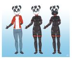  2018 alec8ter anthro bear black_and_white_hair border clothed clothing eye_markings gas_mask gimp_suit gradient_background harness kai-panda male mammal markings mask multiple_versions panda signature simple_background solo standing straps white_border zipper 