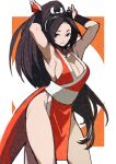  1girl absurdres armpits arms_up black_eyes breasts brown_hair cleavage cowboy_shot e-kaki fatal_fury high_ponytail highres japanese_clothes large_breasts long_hair looking_at_viewer motoyui pelvic_curtain ponytail shiranui_mai sideboob solo the_king_of_fighters very_long_hair 