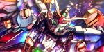  commentary_request dutch_angle glowing glowing_eyes green_eyes gundam gundam_wing looking_at_viewer mecha mecha_focus mobile_suit no_humans robot science_fiction solo upper_body v-fin wasabi_(payan) wing_gundam 