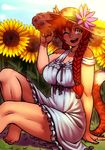  :d ;) animal_ears barefoot borrowed_character braid breasts cat_ears cat_tail commentary day dress ears_through_headwear field flower flower_field green_eyes hair_over_shoulder hat hat_flower koi_drake large_breasts long_hair one_eye_closed open_mouth original red_hair smile solo strap_slip sun_hat sundress sunflower tail thighs twin_braids 