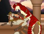  after_vaginal angel_(velvetvlade) anthro anthro_on_feral bestiality blue_eyes bodily_fluids brown_body brown_fur brown_vulva canid canine clothed clothed_feral clothing crown cum cum_on_own_penis cum_on_penis cum_on_self duo ear_piercing ear_ring felid female feral fur genital_fluids genitals green_eyes hair headgear hi_res jewelry killthe_demon lying male male/female mammal markings narrowed_eyes necklace nude on_side open_mouth orange_body orange_fur penis piercing pink_penis red_body red_fur red_hair ring_piercing side_view smile standing striped_legs striped_markings striped_tail stripes tail tail_markings vulva white_body white_fur yellow_body yellow_fur 
