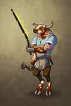  blacksmith bovine bueshang cattle facial_piercing fantasy fire hammer hooves mammal minotaur nose_piercing nose_ring piercing solo sword tools weapon 