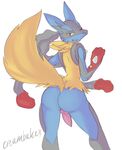  animal_genitalia anthro butt canine canine_penis creambake erection fur jackal knot looking_at_viewer looking_back lucario male mammal mega_evolution mega_lucario nintendo nude one_eye_closed open_mouth penis pok&eacute;mon raised_tail red_eyes smile solo spikes teeth video_games wide_hips wink yellow_fur 