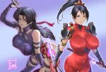 2girls arm_guards armor ass bent_over black_hair bodysuit breasts bug butterfly butterfly_wings covered_navel covered_nipples cowboy_shot dual_wielding earrings energy_wings facial_tattoo fingerless_gloves gloves grey_background highleg highleg_leotard highres holding holding_sword holding_weapon hoop_earrings insect_wings jewelry kodachi large_breasts leotard long_hair marvel marvel_rivals multiple_girls ninja ponytail psylocke psylocke_(vengeance) purple_leotard red_bodysuit short_sword shoulder_armor simple_background single_bare_shoulder skin_tight sleeveless sleeveless_bodysuit solo soulcalibur soulcalibur_ii sword taki_(soulcalibur) tattoo tomo_eokaiteru weapon wings x-men 