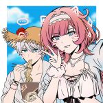  ... 1boy 1girl bikini blue_eyes blue_sky breasts chinese_commentary chopsticks cleavage commentary_request cup_ramen drawn_ears drawn_whiskers elf elysia_(honkai_impact) elysia_(miss_pink_elf)_(honkai_impact) elysia_(summer_miss_elf)_(honkai_impact) face_filter food food_in_mouth hairband hat highres holding holding_chopsticks honkai_(series) honkai_impact_3rd jewelry kevin_kaslana large_breasts long_hair necklace noodles official_alternate_costume outdoors pink_hair pointy_ears scrunchie selfie shell shell_necklace shirt short_hair sky spoken_ellipsis star_(zhongyan88528) straw_hat swimsuit vill-v white_bikini white_hair white_hairband white_shirt wrist_scrunchie 