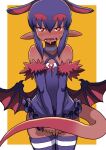  1girl akuyome arm_warmers bare_shoulders blush border choker dark_skin fur_trim horns matsuda_yuusuke open_mouth orange_background pointy_ears red_eyes sharp_teeth shy sweatdrop tail teeth thighhighs white_border white_choker wings yome_(akuyome) 