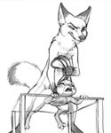 2015 adam_wan animated anthro big_dom_small_sub black_and_white canine character_from_animated_feature_film digitigrade disney duo english_text female feral feral_on_feral fox glass interspecies judy_hopps lagomorph larger_male leaking lobogris male male/female mammal monochrome nick_wilde penetration plain_background predator/prey_relations rabbit rough size_difference smaller_female table text white_background zootopia 