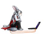  2015 android anthro avalenna bored cables clothed clothing computer dress female fur glowing glowing_eyes hair lagomorph laptop machine mammal mechanical orange_eyes plain_background rabbit ratte robot solo white_fur white_hair 