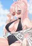  absurdres adjusting_eyewear bangle bare_shoulders black_one-piece_swimsuit blue_archive blue_eyes blue_sky blush bracelet breasts brown-tinted_eyewear chair cleavage cloud commentary cosplay covered_navel cowboy_shot earrings fingernails halo hand_on_eyewear highres jewelry large_breasts large_earrings lips looking_at_viewer mimori_(blue_archive) nagisa_(blue_archive) nagisa_(swimsuit)_(blue_archive) on_chair one-piece_swimsuit one_eye_closed pink_hair pink_halo pink_pupils ponytail rynn_(darknescorez) shiny_skin sitting sky smile solo sunglasses swimsuit swimsuit_cover-up tinted_eyewear 