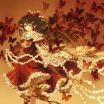  1girl ascot bell bow brown_eyes brown_hair bug butterfly collar detached_sleeves feet_out_of_frame frilled_ascot frilled_bow frilled_collar frilled_hair_tubes frilled_skirt frilled_sleeves frills gohei hair_bow hair_tubes hakurei_reimu highres holding holding_gohei leg_ribbon light_blush light_particles lips long_hair maruyamaboukyo orange_background red_bow red_butterfly red_ribbon red_shirt red_skirt ribbon shirt skirt smile solo touhou white_collar white_sleeves yellow_ascot 