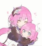  2girls 5rwpvc blue_eyes coat color_connection company_connection corset cyrene_(honkai:_star_rail) elf elysia_(honkai_impact) elysia_(miss_pink_elf)_(honkai_impact) hair_color_connection hair_ornament heart highres honkai:_star_rail honkai_(series) honkai_impact_3rd hug inoue_marina long_hair looking_at_viewer multiple_girls pink_hair pointy_ears purple_coat short_hair simple_background smile voice_actor_connection white_background white_corset yanning 