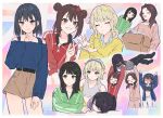  6+girls :d ^_^ assisted_carrying bare_shoulders black_hair black_sports_bra blonde_hair blue_jacket blue_shirt border brown_hair brown_shorts bullfalk carrying carrying_overhead carrying_person closed_eyes collared_shirt commentary double_bun feeding fujimaru_yuhi green_shirt grey_sports_bra grin hair_bun hashtag-only_commentary high-waist_shorts highres ito_ayase jacket kusunoki_hanako long_hair midriff multiple_girls negative_happy off-shoulder_shirt off_shoulder open_clothes open_jacket open_mouth outside_border pink_shirt red_shirt shirt short_hair short_shorts shorts sleeping smile sparkle_hair_ornament sports_bra stomach sweater takanashi_chroe tomonaga_manaka tsuwabuki_sena v-neck white_border yellow_sweater 