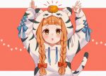  1girl animal_costume animal_ears animal_hood animal_print arms_up bow braid brown_background brown_eyes brown_hair commentary_request fake_animal_ears fake_tail food food_on_face grey_background hair_bow highres hood hood_up ichihara_nina idolmaster idolmaster_cinderella_girls idolmaster_cinderella_girls_starlight_stage long_hair long_sleeves low_twintails mandarin_collar parted_lips puffy_long_sleeves puffy_sleeves red_bow rino_cnc sleeves_past_wrists solo tail tiger_costume tiger_ears tiger_hood tiger_print tiger_tail twin_braids twintails two-tone_background upper_body very_long_hair 