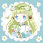  animal_ears blue_eyes dress fantasy_life fantasy_life_i:_the_girl_who_steals_time flower green_hair hair_flower hair_ornament highres jewelry leilah_(fantasy_life) linnea_flitwst long_bangs long_hair long_sleeves looking_at_viewer necklace portrait solo translation_request 